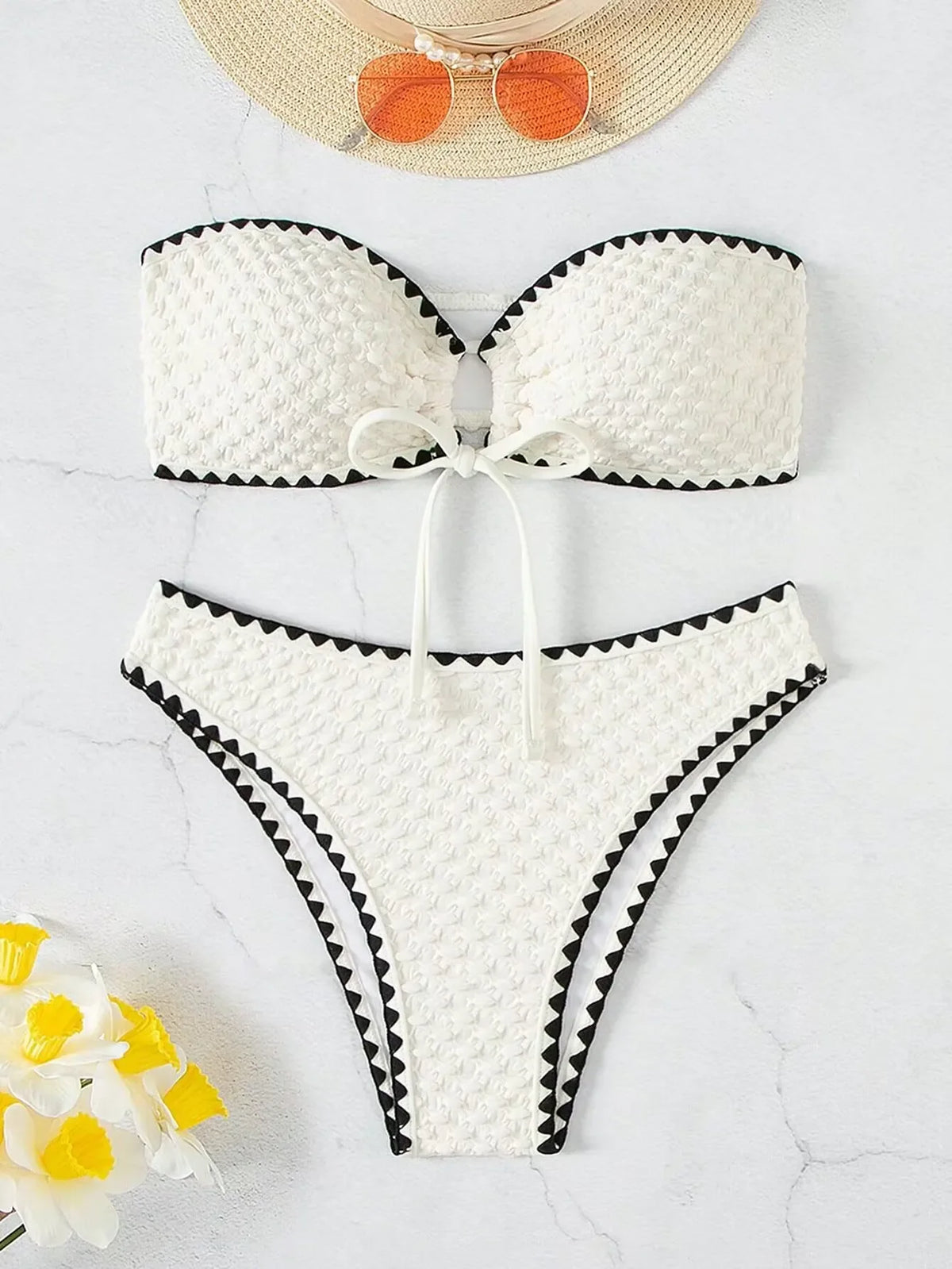 White 2-Piece Strapless Swimwear – Sexy Bandeau Backless Lace-Up Patchwork Bikini Set for Women, 2025 New