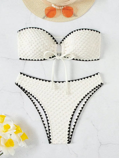 White 2-Piece Strapless Swimwear – Sexy Bandeau Backless Lace-Up Patchwork Bikini Set for Women, 2025 New