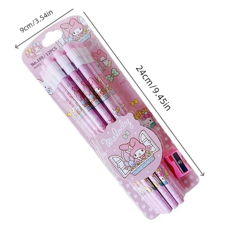 12pcs Sanrio Cinnamoroll & Kuromi Cute Cartoon HB Pencils - Writing & Drawing Stationery Box Set with 12 Pencils & 1 Pencil Roller