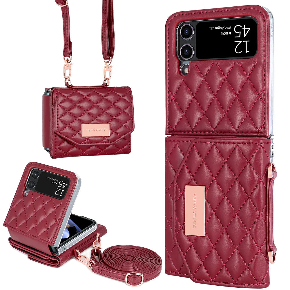 VIETAO Leather Wallet Phone Case with Crossbody Strap — Pink Purse Case for Samsung Galaxy Z Flip 3/4/5/6/7