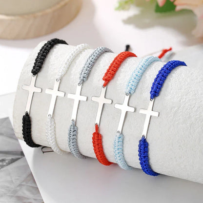 Adjustable Stainless Steel Cross Bracelet with Handwoven Colored Cord – Unisex Couple Friendship Jewelry