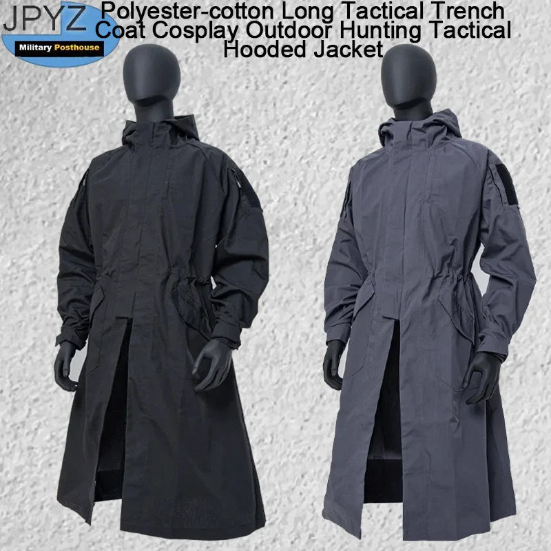 Polyester-Cotton Long Tactical Trench Coat – Hooded Outdoor Hunting & Cosplay Jacket