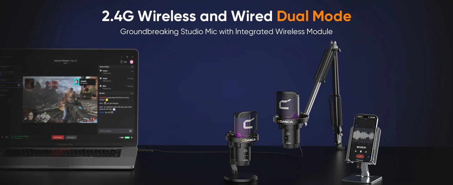 COMICA Uni Pro Wireless USB Gaming Microphone – Noise-Canceling Condenser Mic with RGB Lights for PC, Laptop & Smartphone