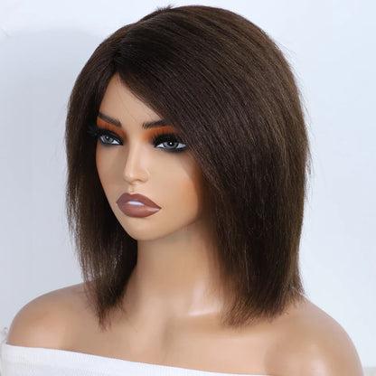Lekker Short Kinky Straight Bob Wig - 12" Glueless Brazilian Remy Human Hair, Natural Brown, Ready to Wear