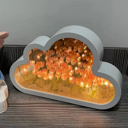 DIY Cloud Tulip LED Night Light - Creative Photo Frame Mirror Table Lamp for Girl's Bedroom, Handmade Bedside Ornament, Perfect Birthday Gift