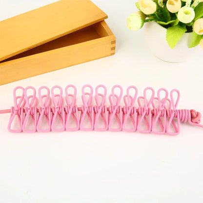 Portable Clothing Clothesline with 12 Clips - Retractable Laundry Dryer Clothes Rope Drying Rack for Outdoor Cloth Hanging