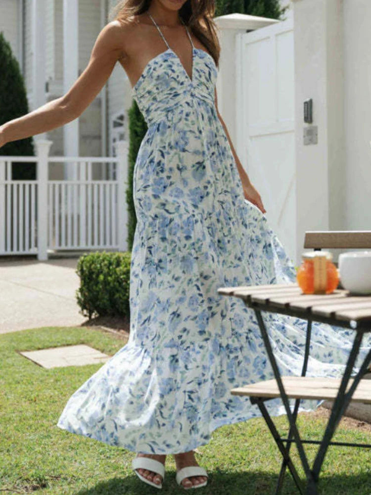 Floral Flow: Women's Summer Chiffon Halter Maxi Dress - Boho Backless Tiered Swing, Sleeveless V Neck, A Line, Long Beach Style