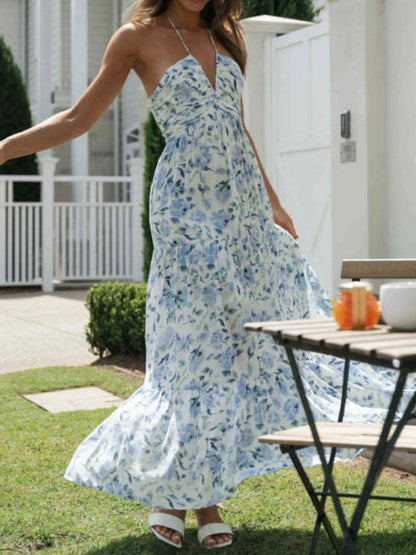 Floral Flow: Women's Summer Chiffon Halter Maxi Dress - Boho Backless Tiered Swing, Sleeveless V Neck, A Line, Long Beach Style