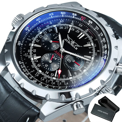 JARAGAR Pilot Mechanical Watch for Men – Multifunctional Small Dials, Leather & Steel Strap, Sports Military Automatic Watch