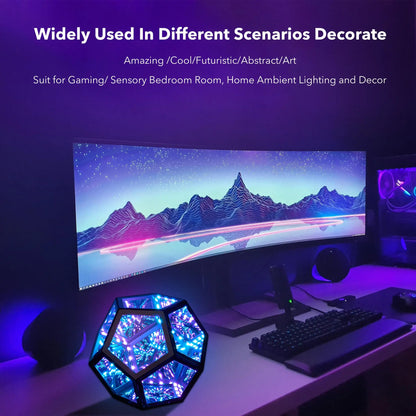 Dreamy Geometric Space LED Night Light Infinity Dodecahedron Mirror Art Lamp with Stand – Creative Color Changing Decor Gift for Christmas & Birthday
