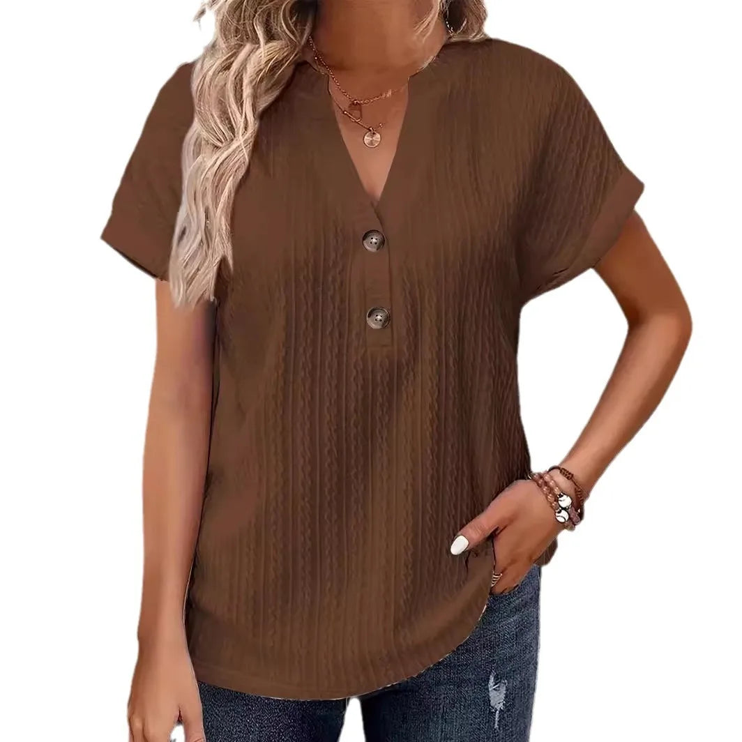 Women’s Casual Short Sleeve V-Neck Button Blouse – Loose Fit Summer Pullover Fashion Shirt