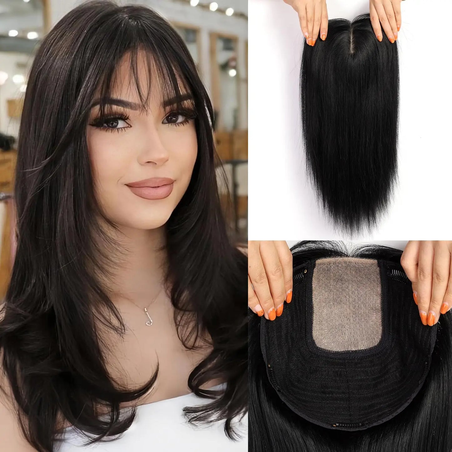 Brown Blonde Highlight Remy Human Hair Toppers – 16 Inch Straight Clip-In Silk Base Hairpiece for Women, Topper Hair Extensions