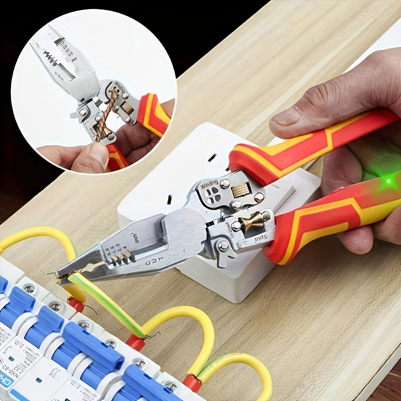 9-in-1 Multifunction Wire Stripping Pliers with Voltage Tester – Electrical Wire Stripper, Cutter & Crimper Tool for Maintenance & Repair