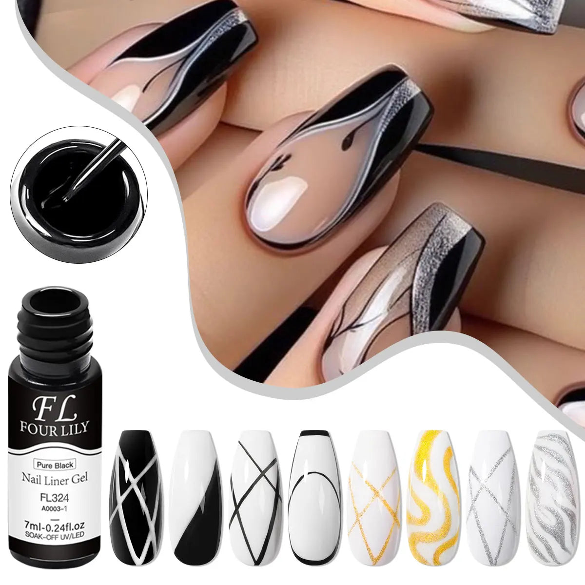 Nail Liner Gel Polish Set - 4-Piece Black, White, Gold & Silver DIY Nail Art Kit