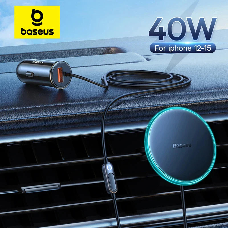 Baseus 15W Magnetic Wireless Car Charger – Fast Charging Phone Holder with Light Effect for iPhone 15/14/13 Pro Max