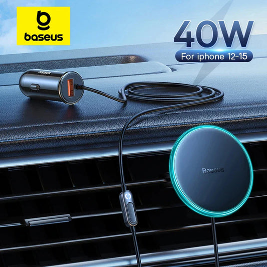 Baseus 15W Magnetic Wireless Car Charger – Fast Charging Phone Holder with Light Effect for iPhone 15/14/13 Pro Max