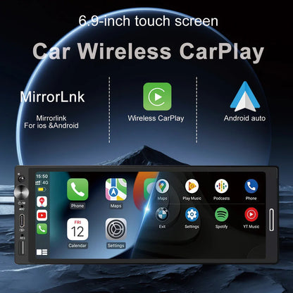 Universal 1DIN 6.9" Wireless CarPlay Android Auto – MP5 Multimedia Car Radio Stereo with TYPE-C Fast Charging