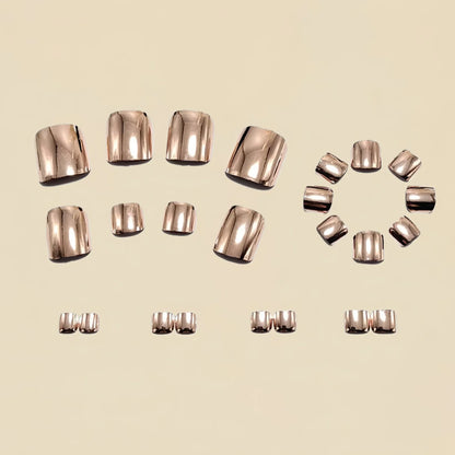 24Pcs Glossy Gold Press-On Toenails - Electroplated Metal Design Square False Toenails for Women & Girls