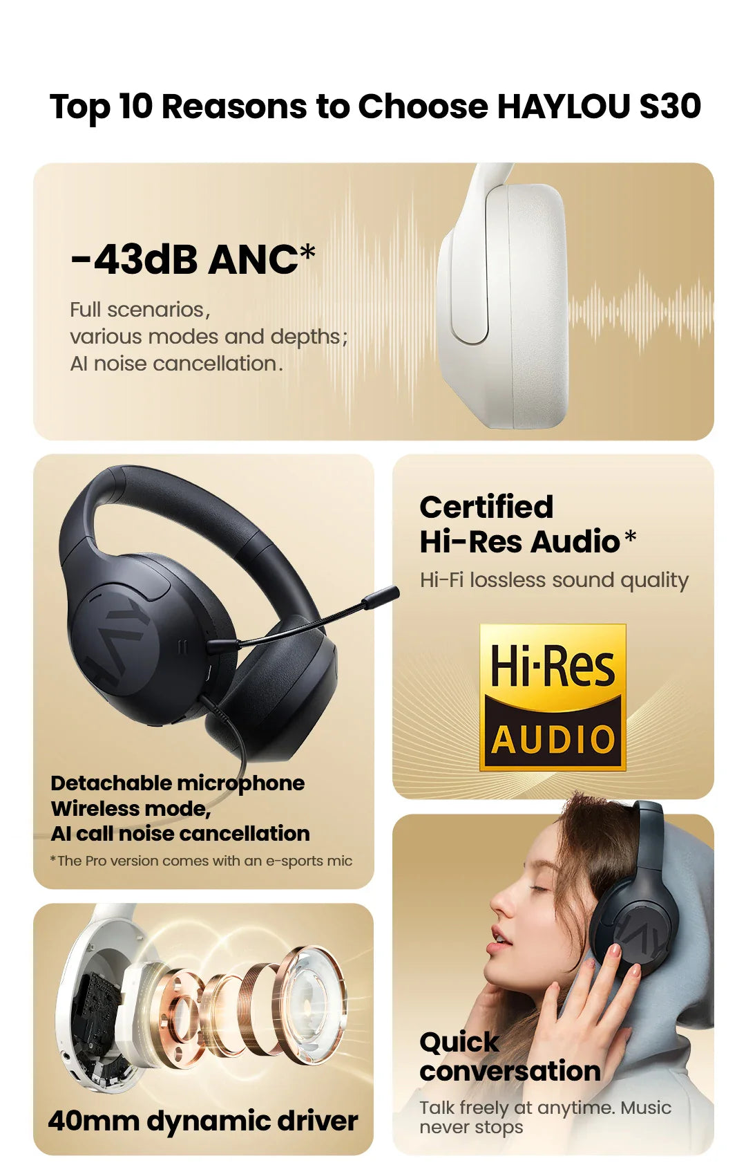 HAYLOU S30 Wireless Bluetooth 5.4 Headphones - 43dB Adaptive Noise Cancelling, 40mm Driver, 80H Playtime Earphones