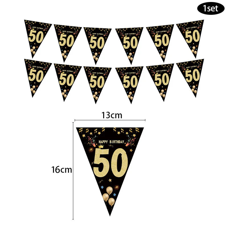 30th, 40th, 50th, 60th Birthday Paper Banner - Happy Birthday Garland for Adult Party Decorations, Black Flags for Anniversaire