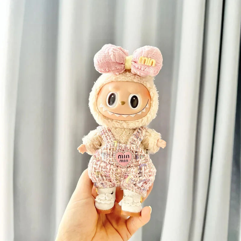 Cute 17cm Labubu Idol Doll Outfit – Camellia Dress, Bag & Shoes Set for Mini DIY Monster Sitting Party Collection