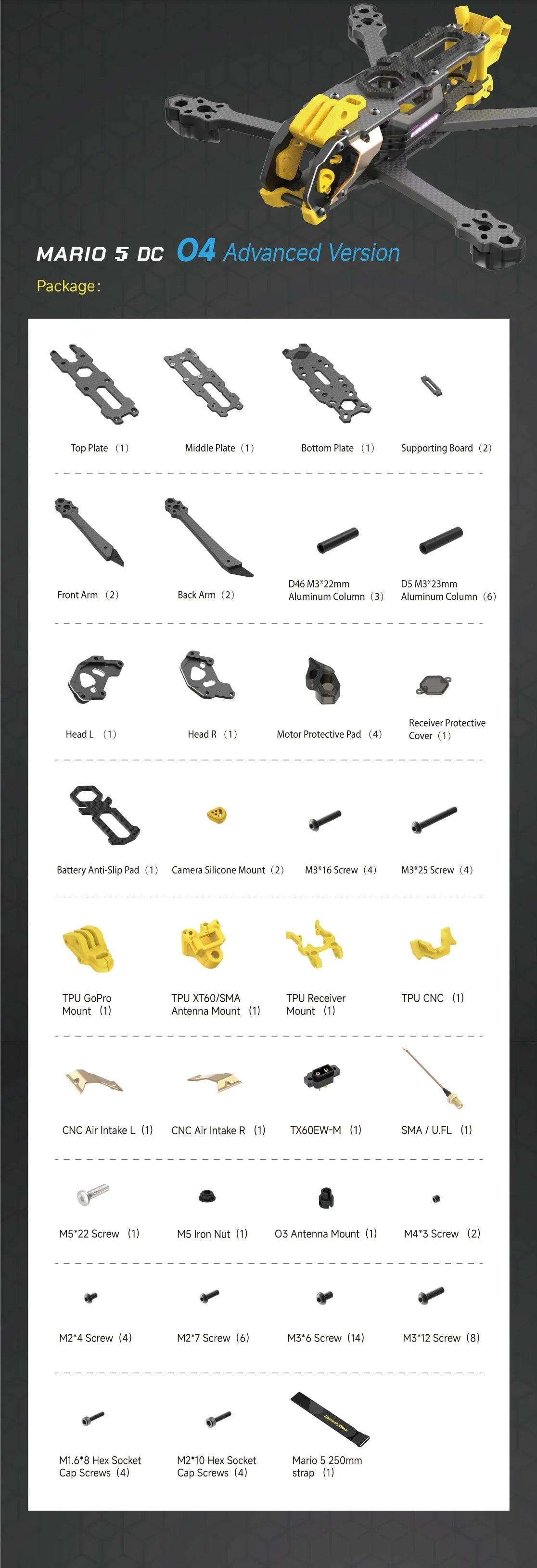 SpeedyBee Mario 5 O4 DC/XH Carbon Fiber Frame Kit – FPV Freestyle RC Racing Drone