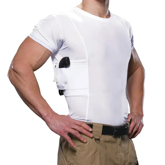 Men's Tactical Army Shooting Shirt - Half Sleeves with Concealed Carry Holster, Side Gun Pockets, Custom Design Base Layer