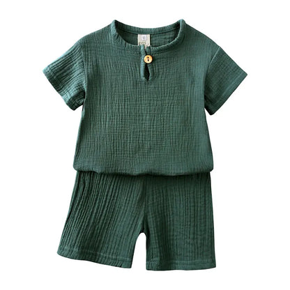 Cotton Linen Kids Summer Outfit – Solid Color Short Sleeve Tops & Shorts for Boys & Girls (Ages 2-7)