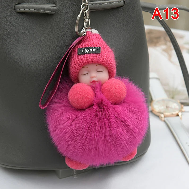 Pompom Sleeping Baby Keychain - Fluffy Plush Doll Keyring for Bags, Cars & Gift Decoration