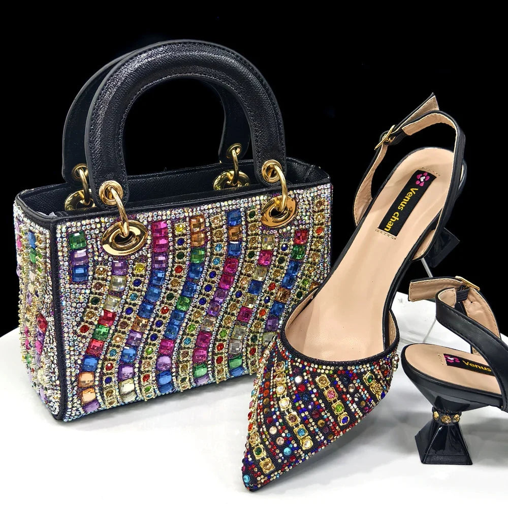 Women’s Fuchsia Rhinestone Shoe & Bag Set - Shiny Italian Style Pointed Toe High Heel Fashion Accessories