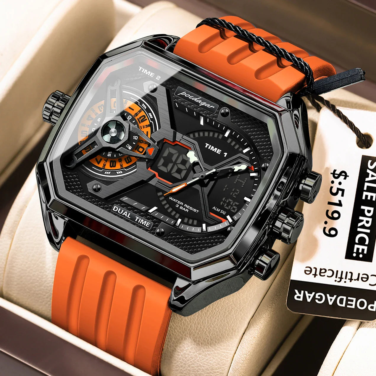 POEDAGAR Men's Luxury LED Wristwatch – Electronic Quartz Watch with Calendar, Week Display, Luminous Hands, and Silicone Strap