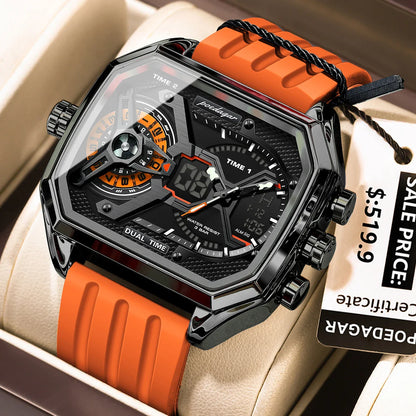 POEDAGAR Men's Luxury LED Wristwatch – Electronic Quartz Watch with Calendar, Week Display, Luminous Hands, and Silicone Strap