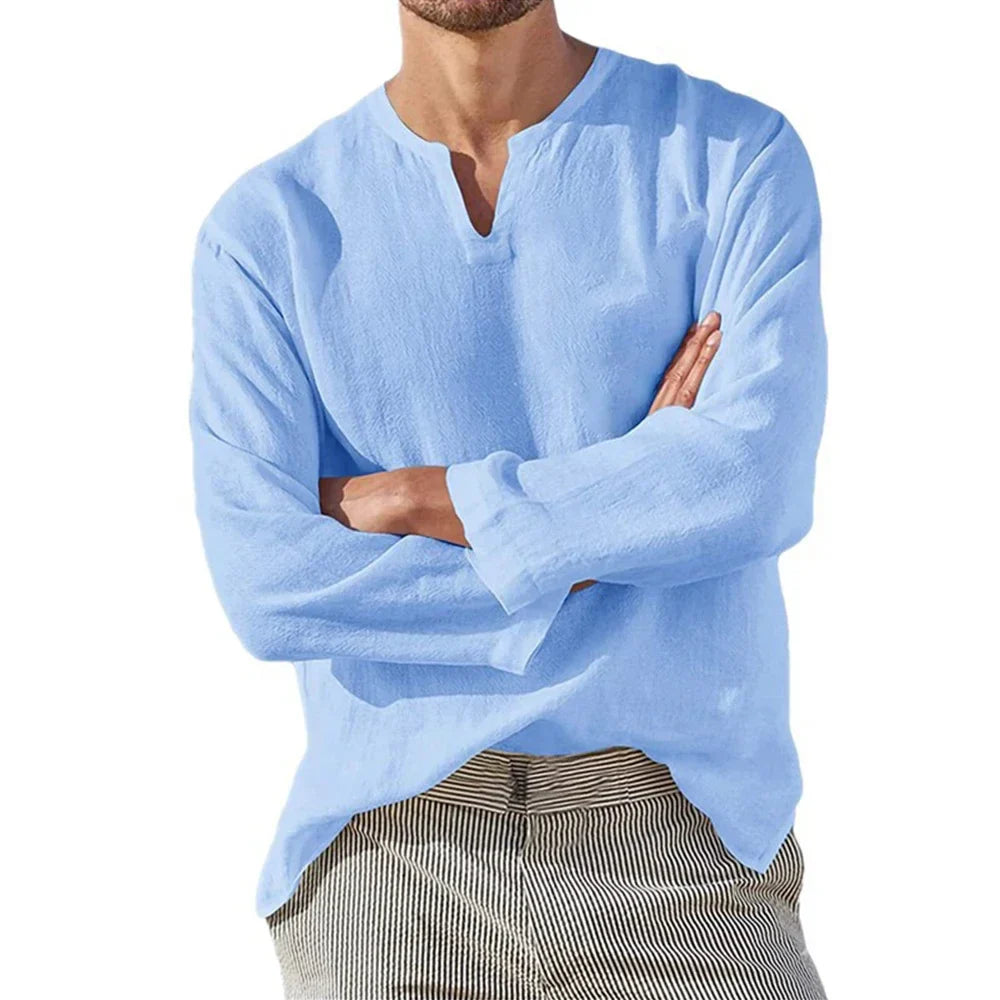 Men's Cotton Linen Shirt — Cozy Solid Color Long Sleeve V-Neck Casual Hawaiian Top, Lightweight & Breathable