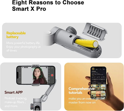 Handheld 3-Axis Gimbal Stabilizer – Smart X Pro for Smartphones, Wireless Charging, OLED Display, LED Light & Focus Wheel