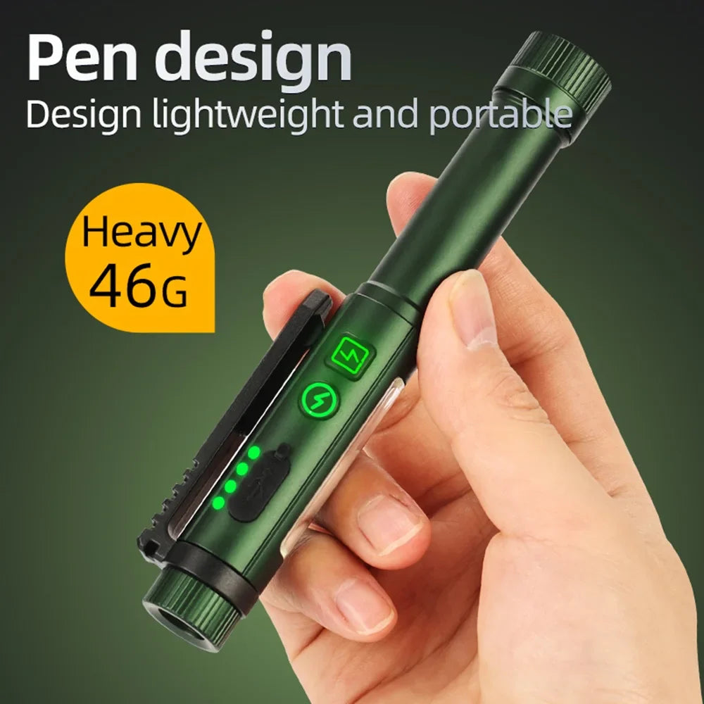 2-in-1 High Bright COB LED Pen Flashlight – USB Rechargeable Mini Torch for Camping, Hiking, Emergency & Outdoor Work Light