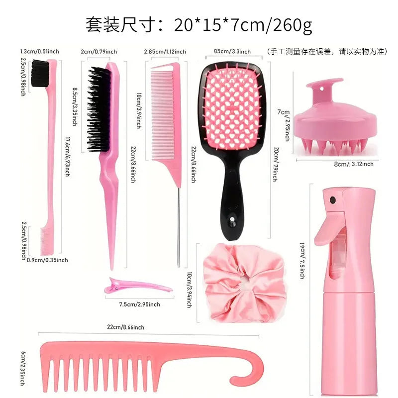 12PCS Hairstyling Comb Set – Tail Comb, Hair Spray Bottle, Loop Weaving Tool, Shampoo Brush & Salon Styling Tools
