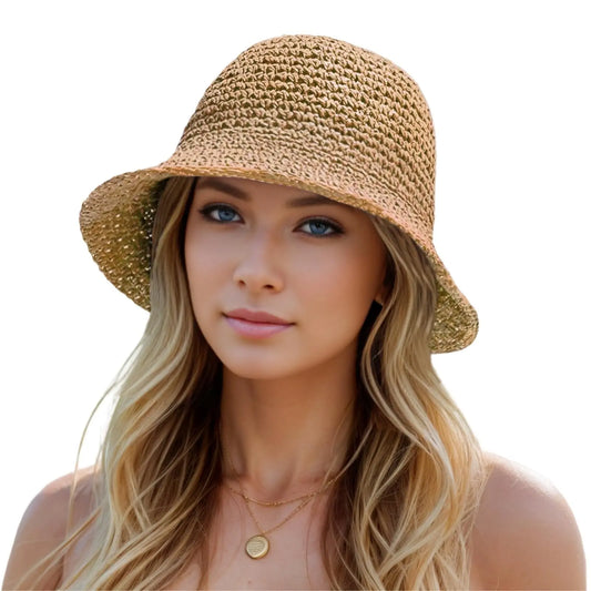 Women’s Summer Crochet Straw Bucket Hat – UV-Protect, Breathable Foldable Sunshade Cap for Beach & Outdoor Fashion
