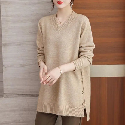 Plus Size 6XL 150kg Women's Winter V-Neck Knitted Sweater – Long Sleeve, Solid Color, Split Design