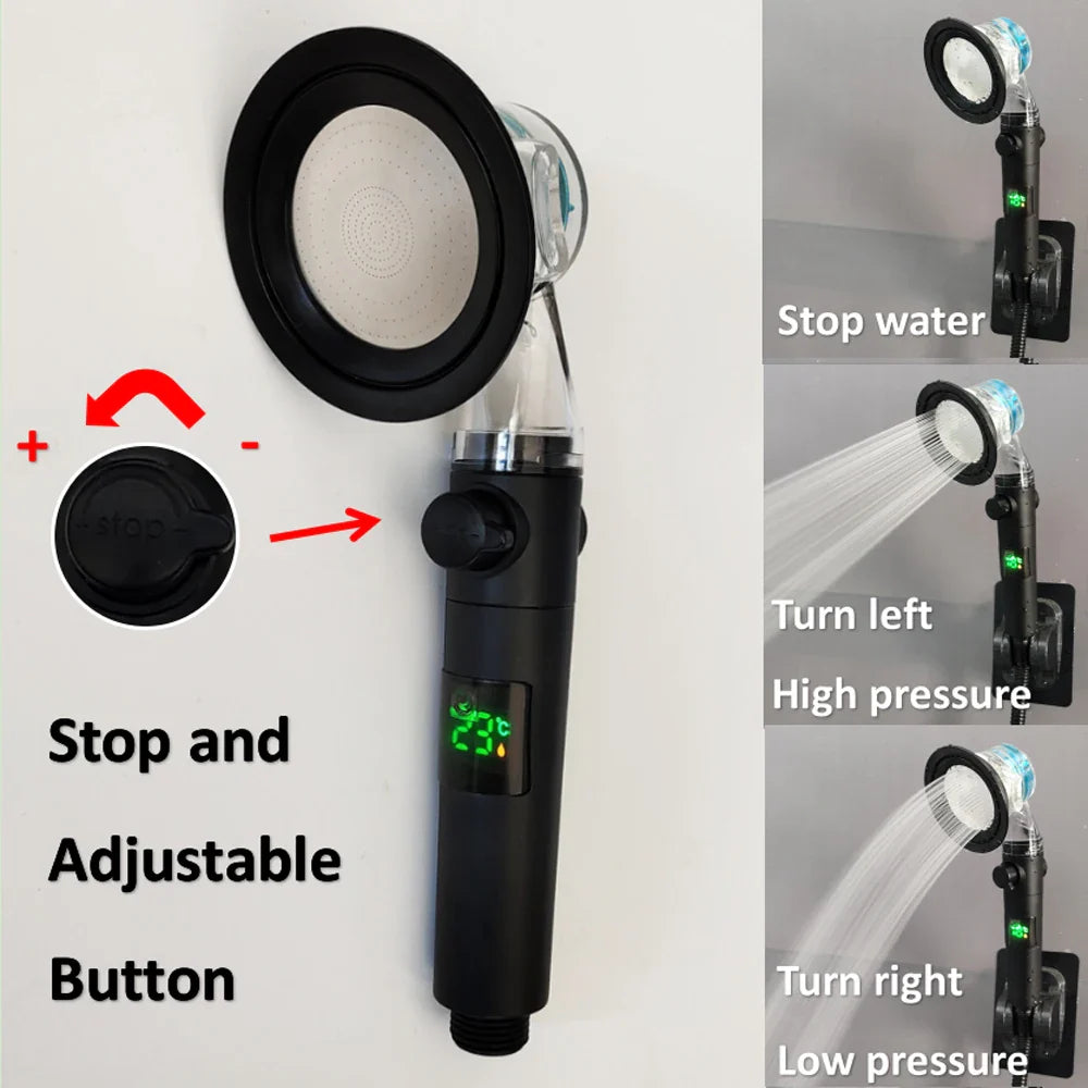 High-Pressure Turbo Propeller Shower Head with Temperature Display and Water-Saving Stop Button - Handheld Bathroom Shower Head