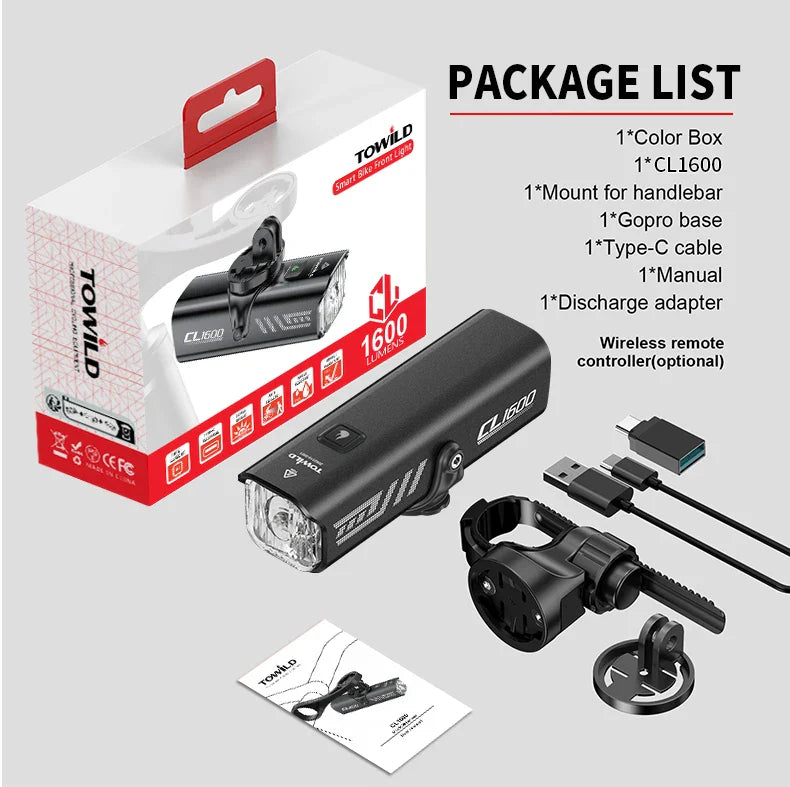 TOWILD 1600LM Bicycle Front Light — 5000mAh IPX6 Aluminum MTB & Road Bike Headlight with Type-C Charging