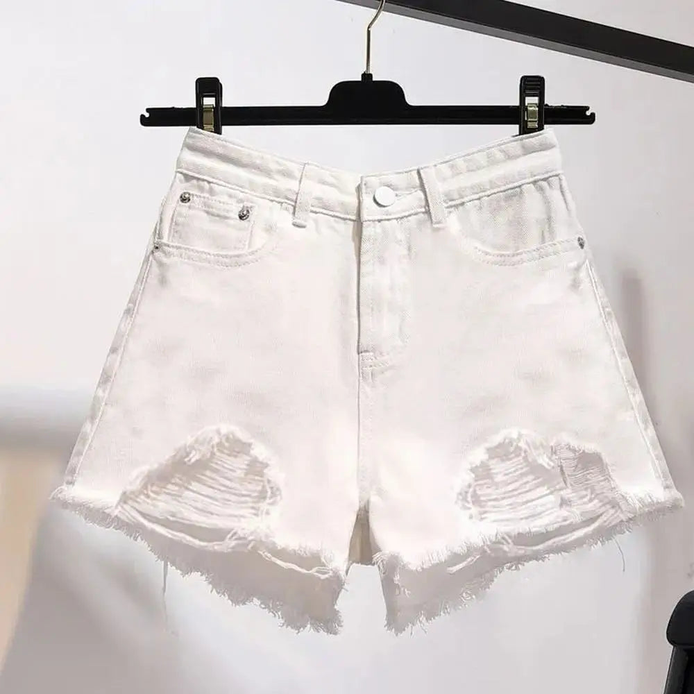 Summer Women’s Korean High Waist Cowboy Denim Shorts — Casual White Jeans with Pockets, Tassels & Ripped Holes Y2K Style