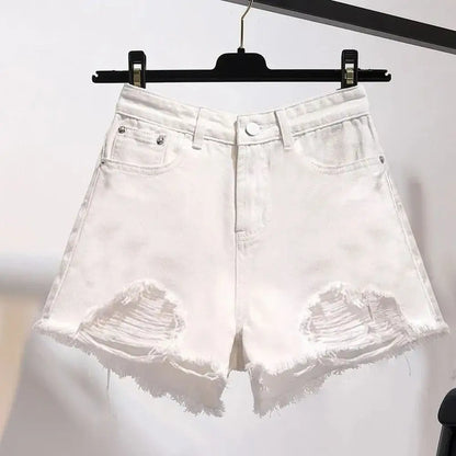 Summer Women’s Korean High Waist Cowboy Denim Shorts — Casual White Jeans with Pockets, Tassels & Ripped Holes Y2K Style
