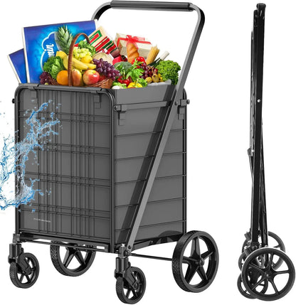 Extra Large Collapsible Grocery Cart on Wheels — Heavy Duty Shopping Cart with Baskets & Waterproof Liner