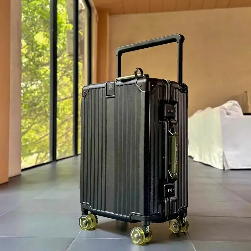 Aluminum Frame Rolling Luggage — Wide Handlebar Trolley Suitcase with Colorful Silent Spinner Wheels, TSA Lock & Large Capacity