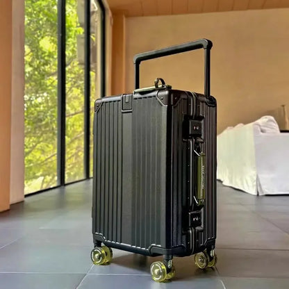 Aluminum Frame Rolling Luggage — Wide Handlebar Trolley Suitcase with Colorful Silent Spinner Wheels, TSA Lock & Large Capacity