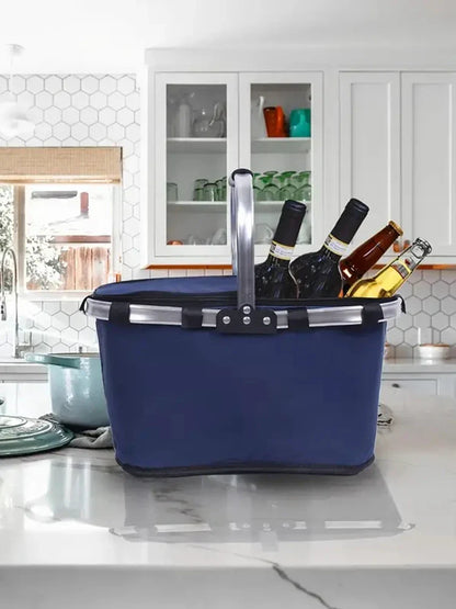 Insulated Picnic & Shopping Basket — Waterproof Foldable Cooler with Locking Lid for Outdoor Food Storage