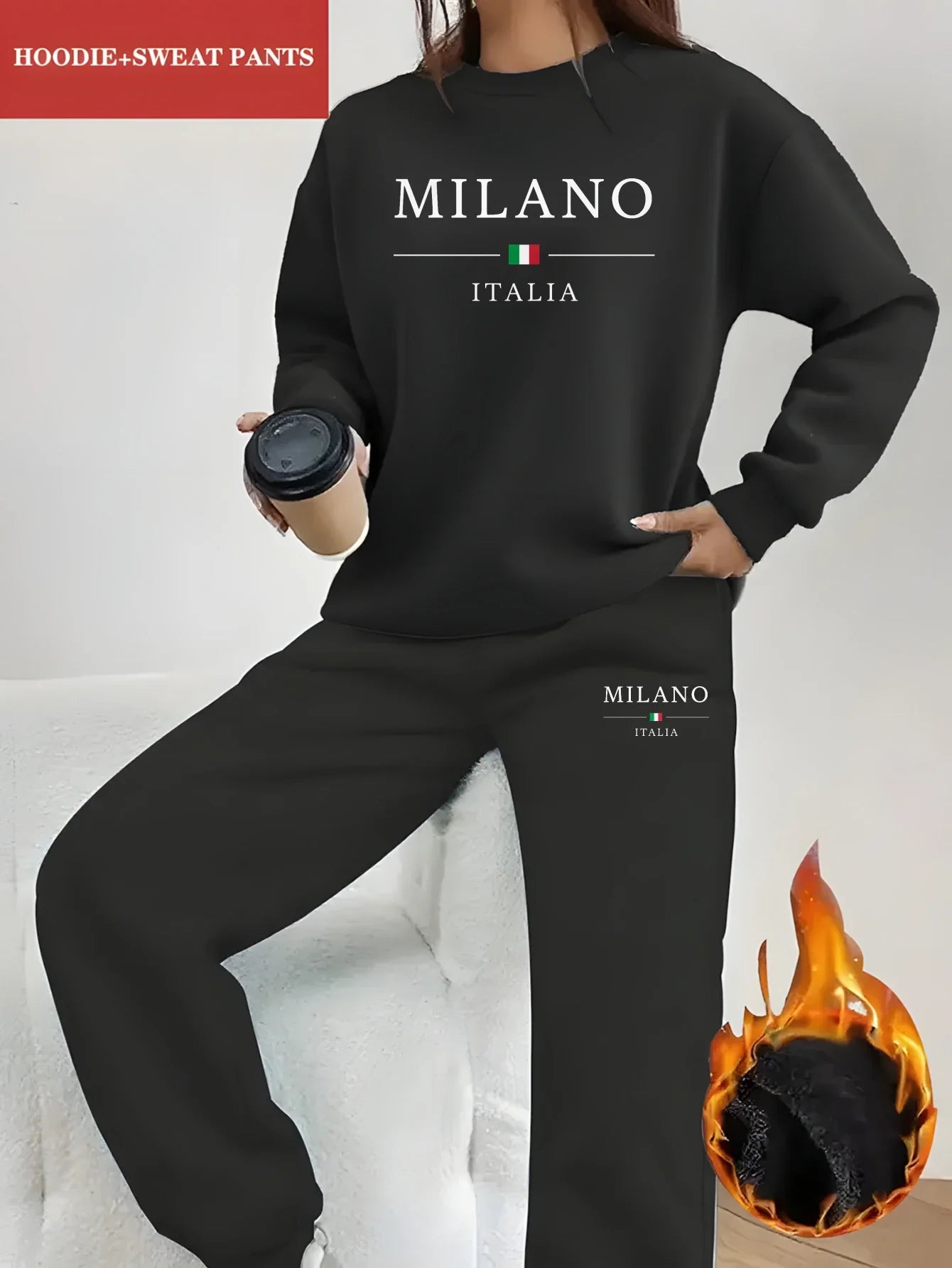 Women's Milano Italia 2-Piece Winter Set - Plush Warm Hooded Sweatshirt & Sports Pants Outfit