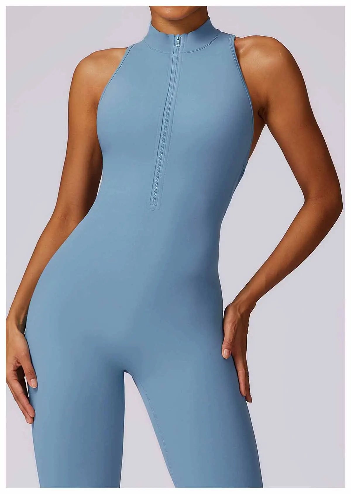 Women’s V-Back One-Piece Sports Jumpsuit — Sleeveless Yoga Romper with Zipper Workout Bodysuit