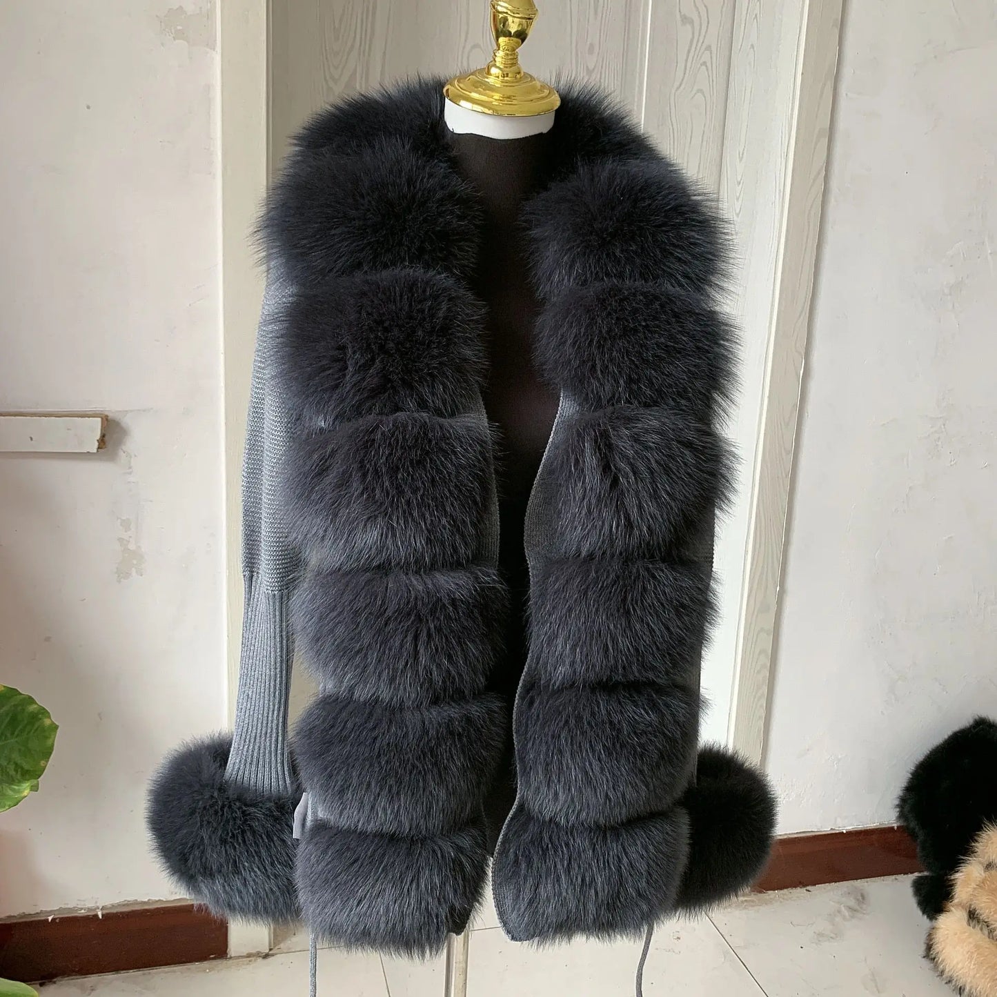 Women’s Spring & Autumn Sweater Cardigan – Real Fox Fur Collar Jacket, Natural Fur Outerwear