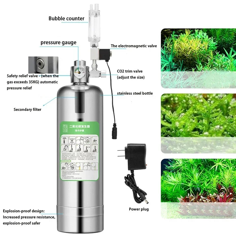 Aquarium CO2 Generator System Kit – Stainless Steel CO2 Cylinder & Carbon Dioxide Reactor for Plants & Fish